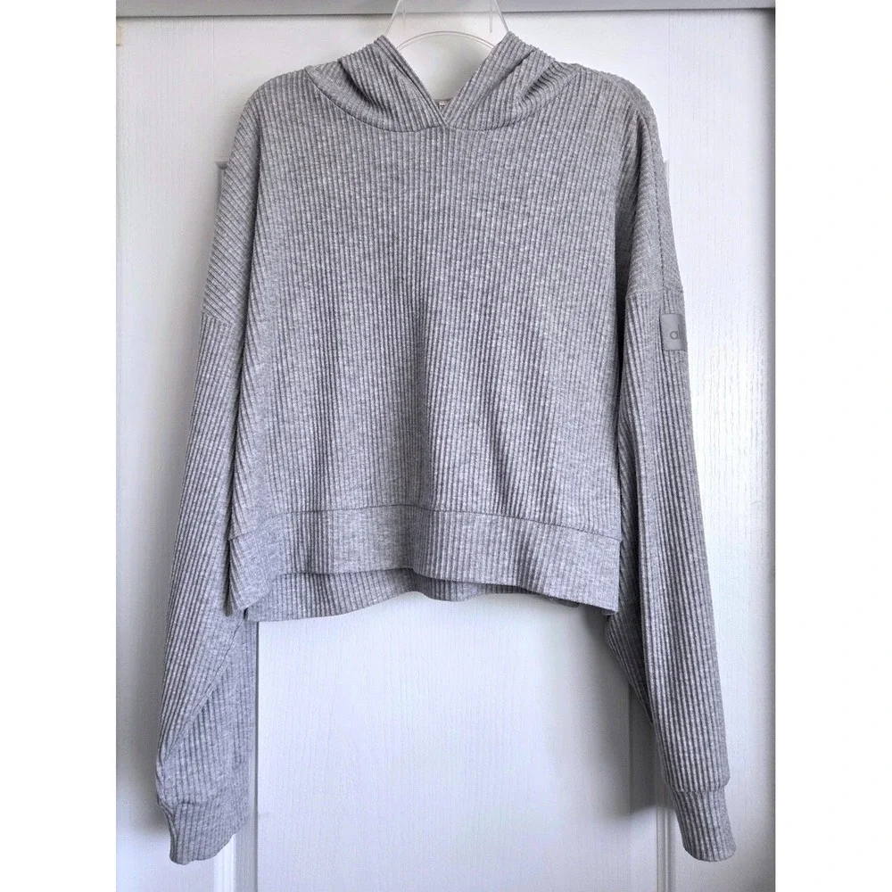 Alo Yoga Muse Hoodie Heather Grey Ribbed Cropped Pullover Size Large W3357R
